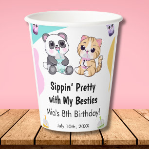 Kawaii Panda & Tiger Bubble Tea Kids Birthday  Paper Cups