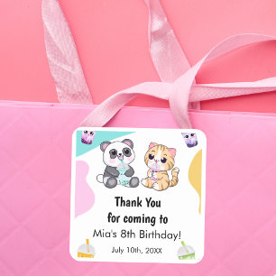 Kawaii Panda & Tiger Bubble Tea Kids Birthday  Square Sticker