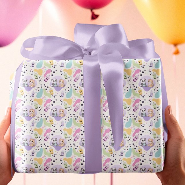 Kawaii Panda & Tiger Bubble Tea Kids Birthday  Wrapping Paper (Creator Uploaded)