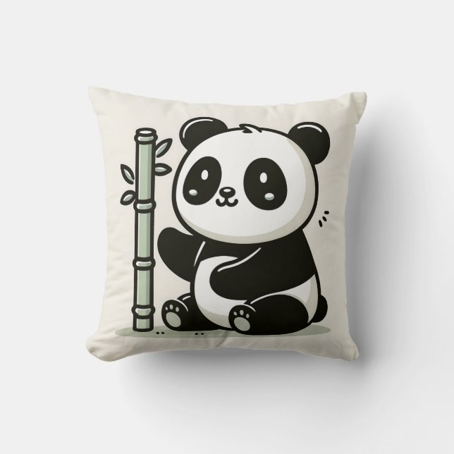Kawaii Panda With Bamboo Illustration Cushion (Front)