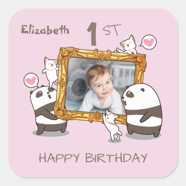 Kawaii pandas and cats photo frame 1st birthday square sticker (Front)