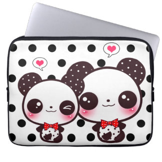 Kawaii pandas on black polka dots laptop sleeve