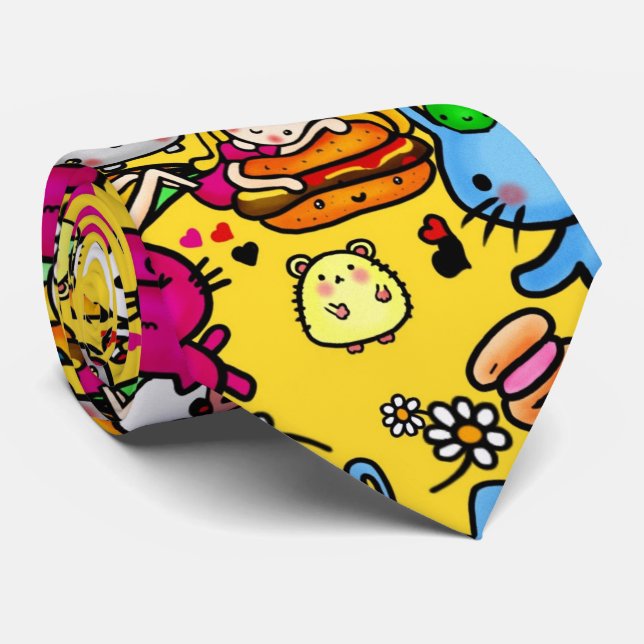 Kawaii Party Character Doodles yellow Personalised Tie (Rolled)