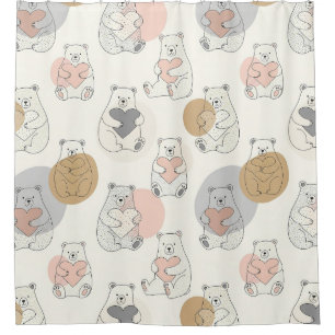 Kawaii Pastel Bear Heart Pattern Shower Curtain