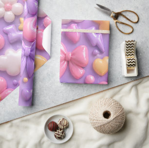 Kawaii Pastel Bows & Hearts Seamless Pattern Wrapping Paper