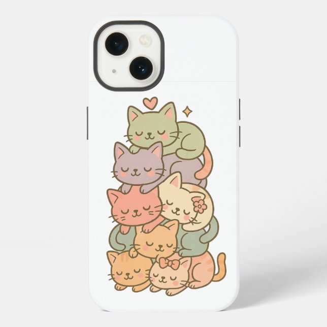Kawaii Pastel Cat Stack Sleepy Sticker iPhone Case (Back)