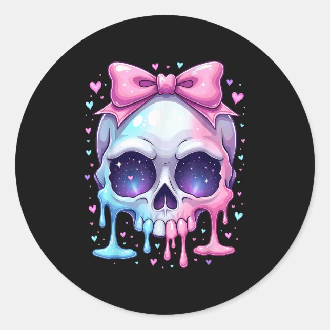 Kawaii Pastel Goth Creepy Bowtie Girl Skull Hallow Classic Round Sticker (Front)