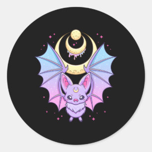 Kawaii Pastel Goth Creepy Crescent Moon Bat Classic Round Sticker