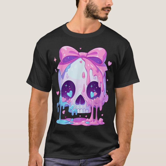 Kawaii Pastel Goth Creepy Melty Pink Skull T-Shirt (Front)