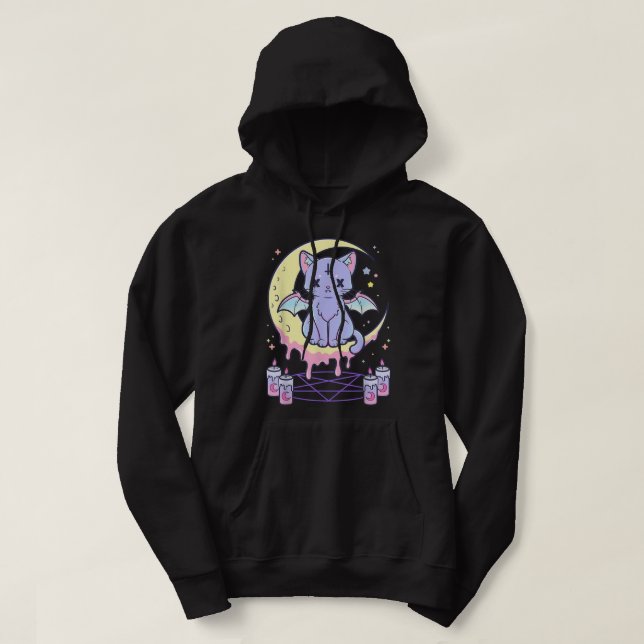 Kawaii Pastel Goth Cute Creepy Black Cat  Hoodie (Design Front)