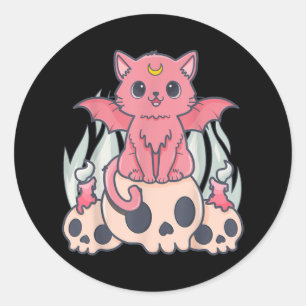 Kawaii Pastel Goth Cute Creepy Demon Cat and Skull Classic Round Sticker