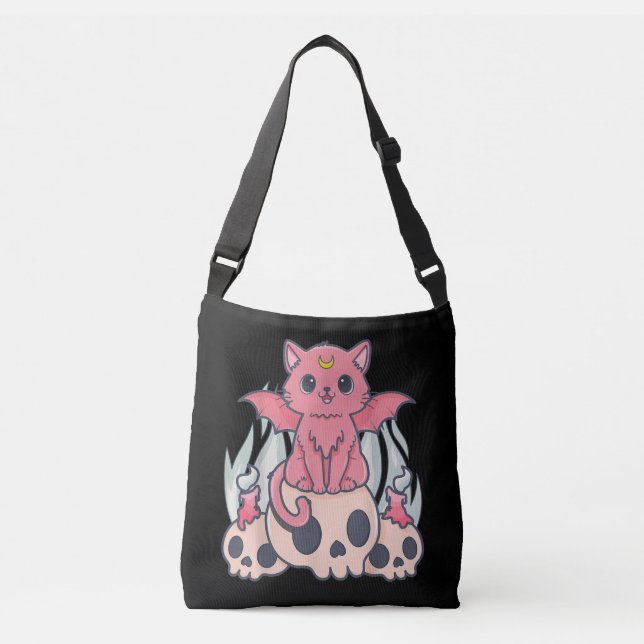 Kawaii Pastel Goth Cute Creepy Demon Cat and Skull Crossbody Bag (Front)