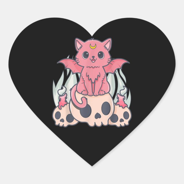 Kawaii Pastel Goth Cute Creepy Demon Cat and Skull Heart Sticker (Front)
