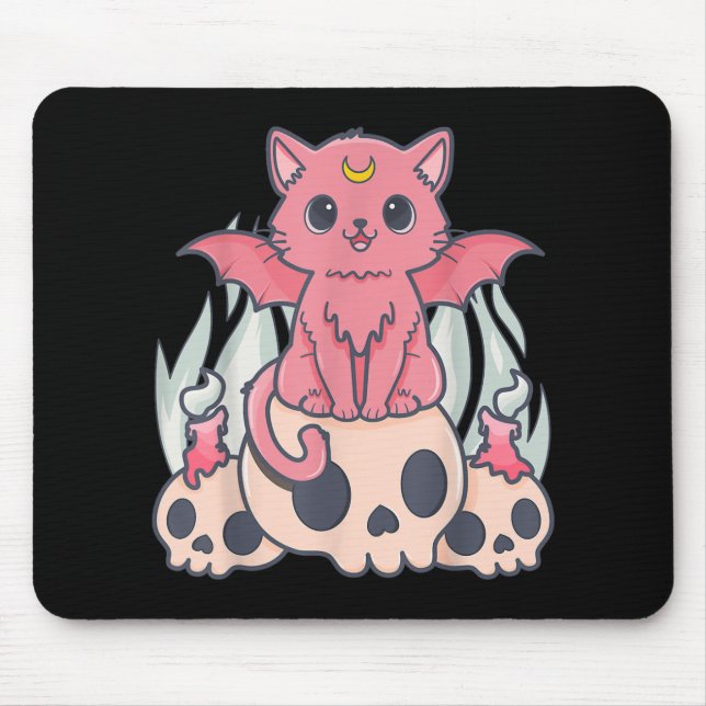 Kawaii Pastel Goth Cute Creepy Demon Cat and Skull Mouse Mat (Front)