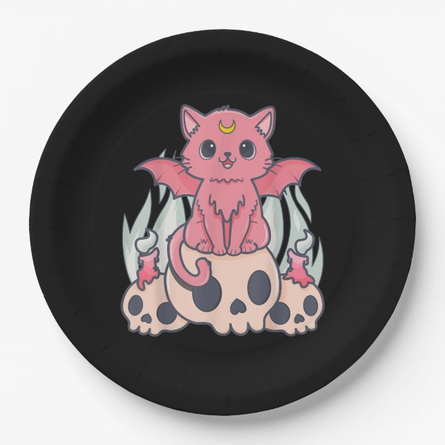 Kawaii Pastel Goth Cute Creepy Demon Cat and Skull Paper Plate (Front)