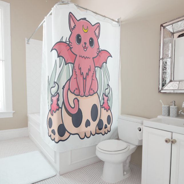 Kawaii Pastel Goth Cute Creepy Demon Cat and Skull Shower Curtain (In Situ)