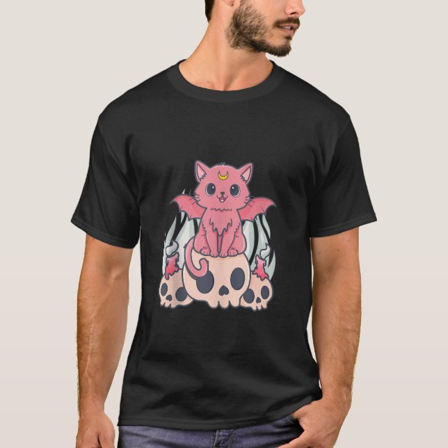 Kawaii Pastel Goth Cute Creepy Demon Cat and Skull T-Shirt (Front)