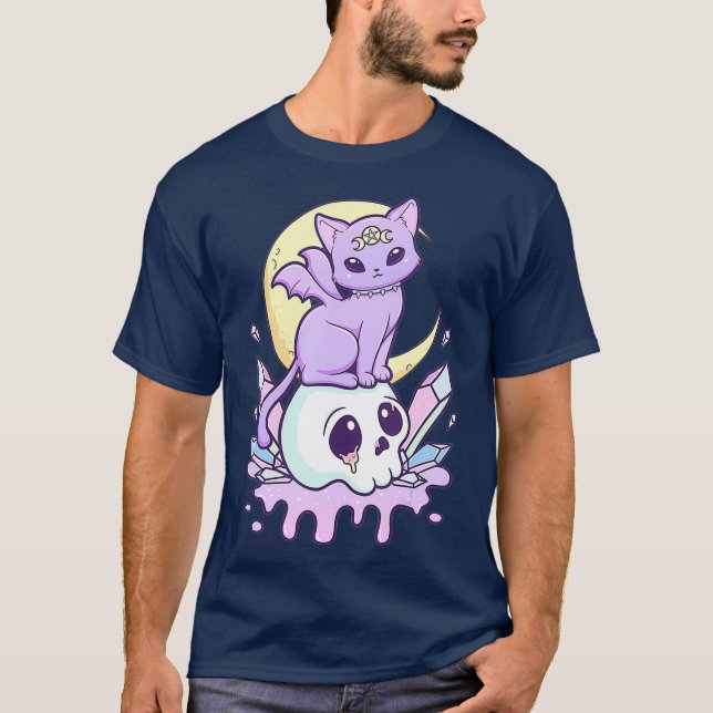 Kawaii Pastel Goth Cute Creepy Witchy Cat and T-Shirt (Front)