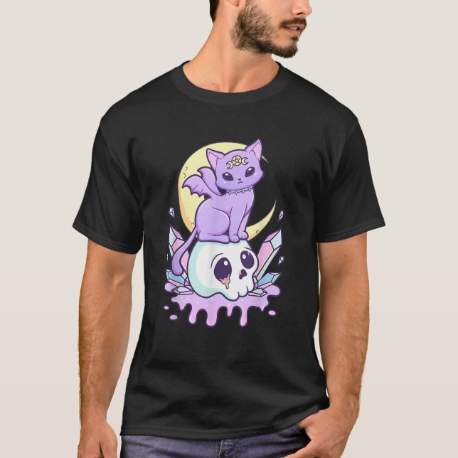 Kawaii Pastel Goth Cute Scary Witchy Cat and Skull T-Shirt (Front)