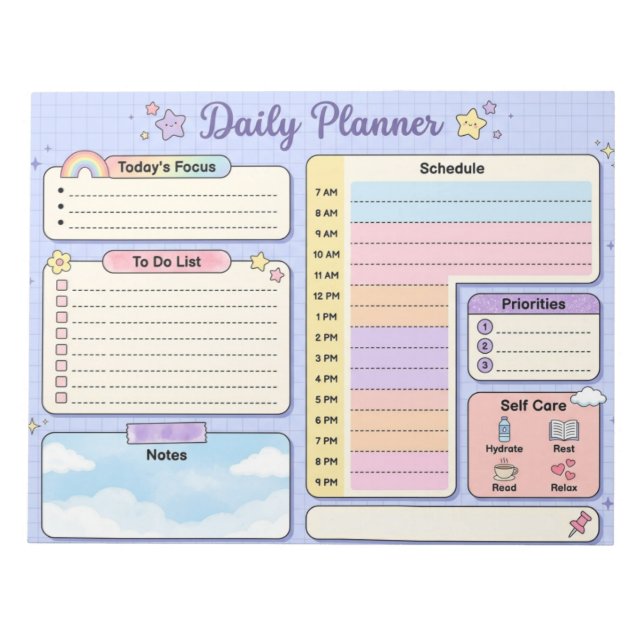 Kawaii Pastel Grid Daily Planner Notepad (Front)