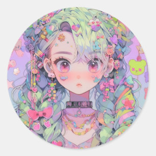 Kawaii Pastel Harajuku Anime Girl With Braids Classic Round Sticker
