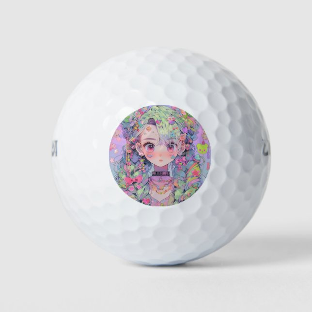 Kawaii Pastel Harajuku Anime Girl With Braids Golf Balls (Front)
