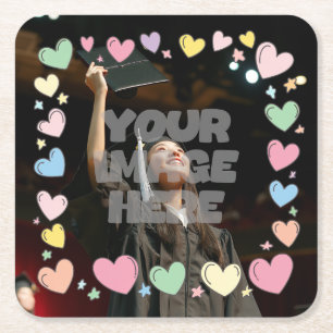Kawaii Pastel Hearts Photo Border Customisable Square Paper Coaster