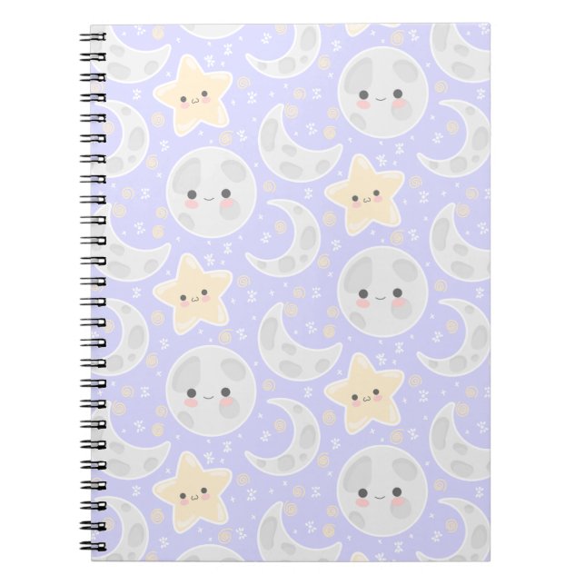 Kawaii Pastel Moon Star Lilac Pattern Notebook (Front)