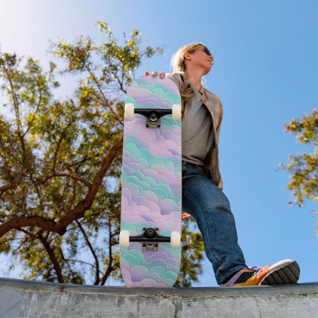 Kawaii Pastel Pink Blue Clouds Repeating Pattern Skateboard (Outdoor 1)