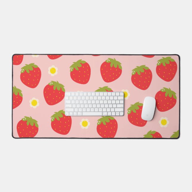 Kawaii Pastel Pink Strawberry Desk Mat  (Keyboard & Mouse)