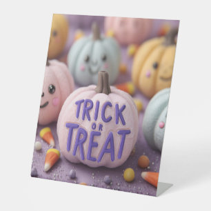 Kawaii Pastel Pumpkins with Trick or Treat Text Pedestal Sign