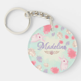 Kawaii Pastel Rabbit Charm Colourful Leaf Pattern Key Ring