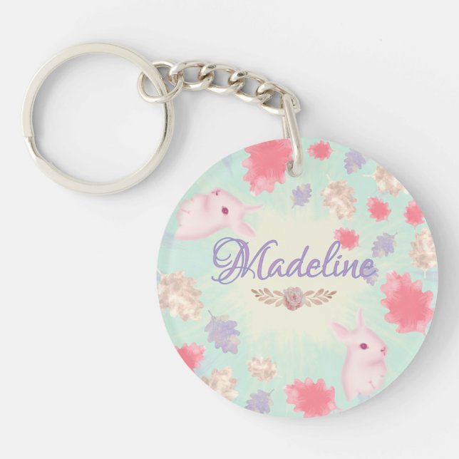 Kawaii Pastel Rabbit Charm Colourful Leaf Pattern Key Ring (Front)