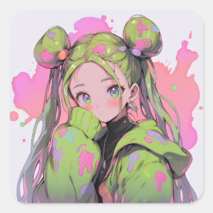 Kawaii Pastel Splatter Anime Girl Square Sticker