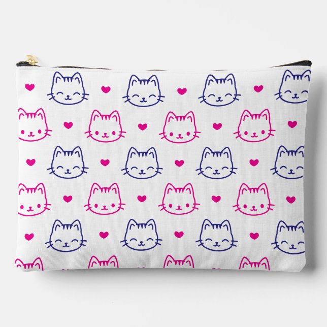 kawaii pattern cat faces and hearts on white accessory pouch (Front)