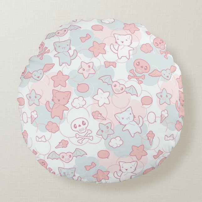 kawaii pattern with doodle round cushion (Front)