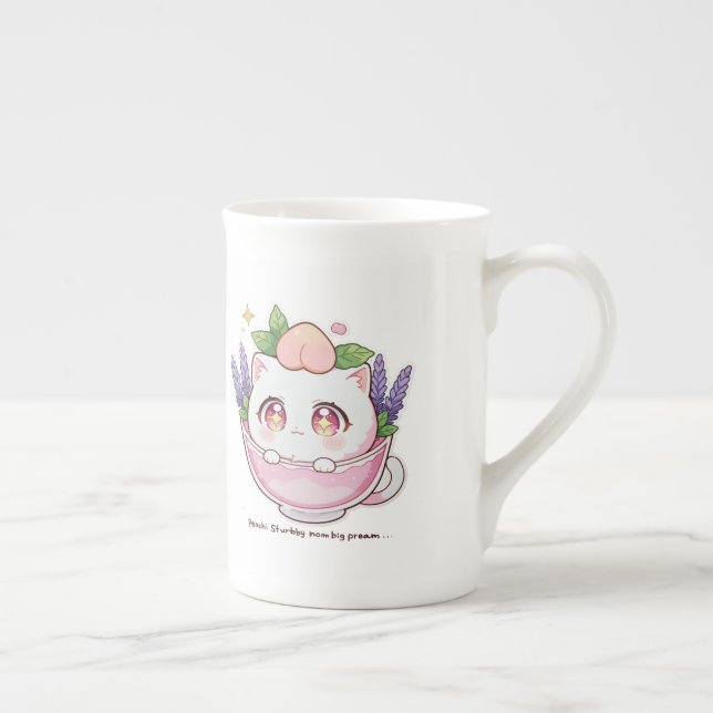 Kawaii Peach Cat in Lavender Teacup Coffee Mug (Right)