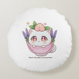 Kawaii Peach Cat in Lavender Teacup Throw Pillow
