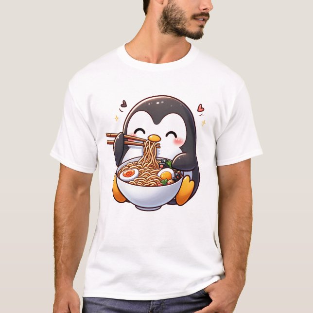 Kawaii Penguin Eating Ramen Noodle Anime Japanese T-Shirt (Front)