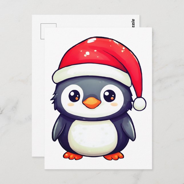 Kawaii Penguin Wearing a Cosy Santa Hat this Xmas! Postcard (Front/Back)