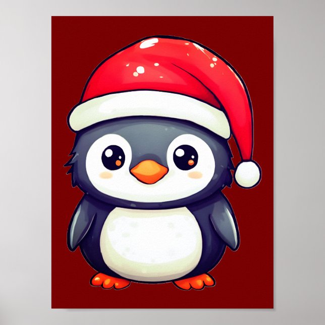Kawaii Penguin Wearing a Cosy Santa Hat this Xmas! Poster (Front)