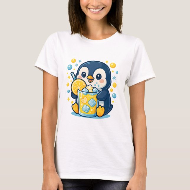 Kawaii Penguin with Lemonade – Cute Summer Iced T-Shirt (Front)