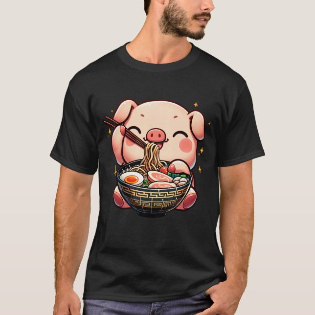 Kawaii Pig Eating Ramen Noodle Anime Japanese T-Shirt (Front)