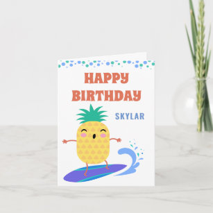 Kawaii Pineapple Surfer Happy Birthday Pool Party Card