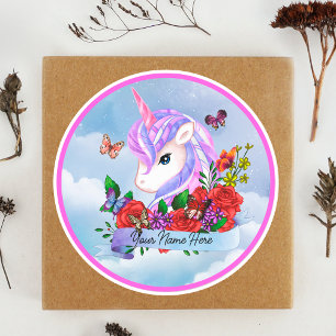 Kawaii Pink and purple unicorn with red roses Classic Round Sticker