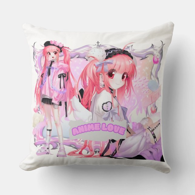 Kawaii Pink Anime Girl Throw Pillow (Front)