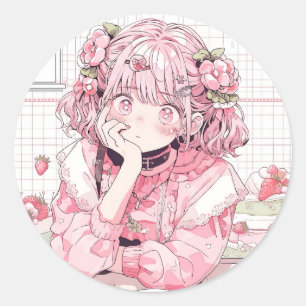 Kawaii Pink Cafe Anime Girl Classic Round Sticker