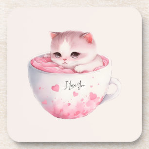 Kawaii Pink Chibi Cat With A Cute Crown Coaster