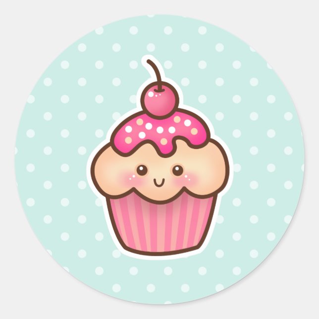 Kawaii Pink Cupcake and Cute Mint Blue Polka Dots Classic Round Sticker (Front)