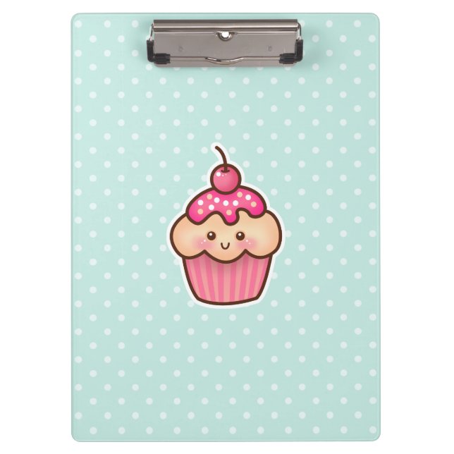 Kawaii Pink Cupcake and Cute Mint Blue Polka Dots Clipboard (Front)